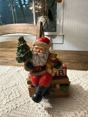 Festive Santa Figurine with Tree and Teddy - Red